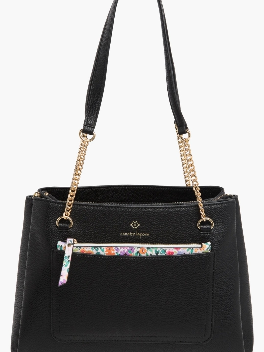 Nanette Lepore Black GoldChain-Handle Tote Shoulder Bag Purse Versatile Neutral